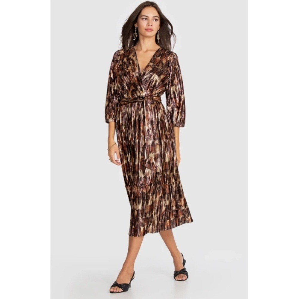 Johnny Was JADE Metallic Pleated Midi Dress Women L Bronze NWOT